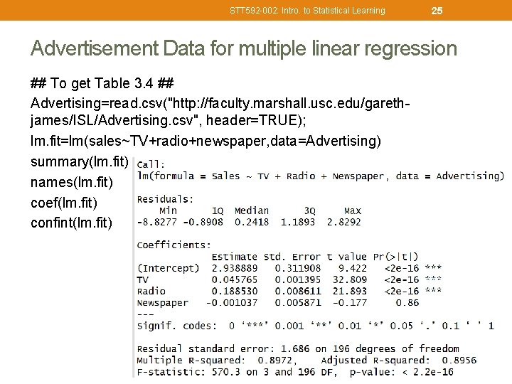 STT 592 -002: Intro. to Statistical Learning 25 Advertisement Data for multiple linear regression