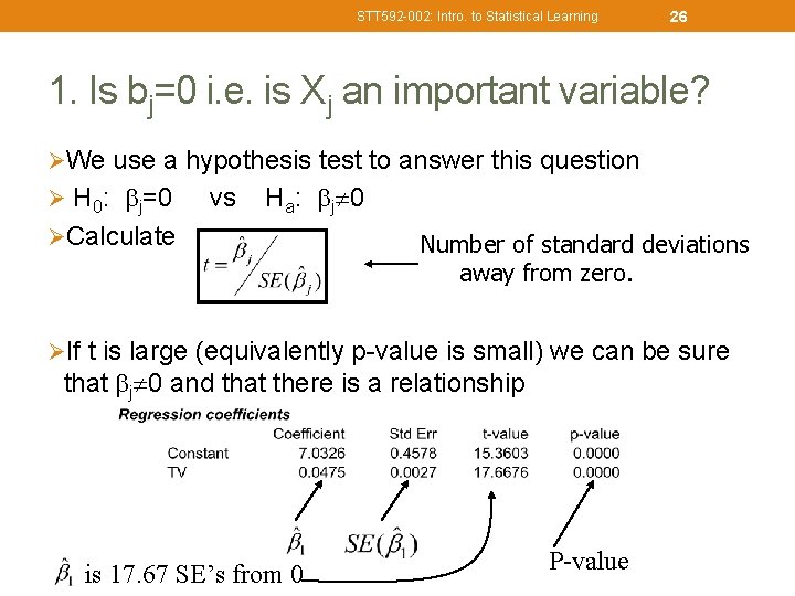 STT 592 -002: Intro. to Statistical Learning 26 1. Is bj=0 i. e. is