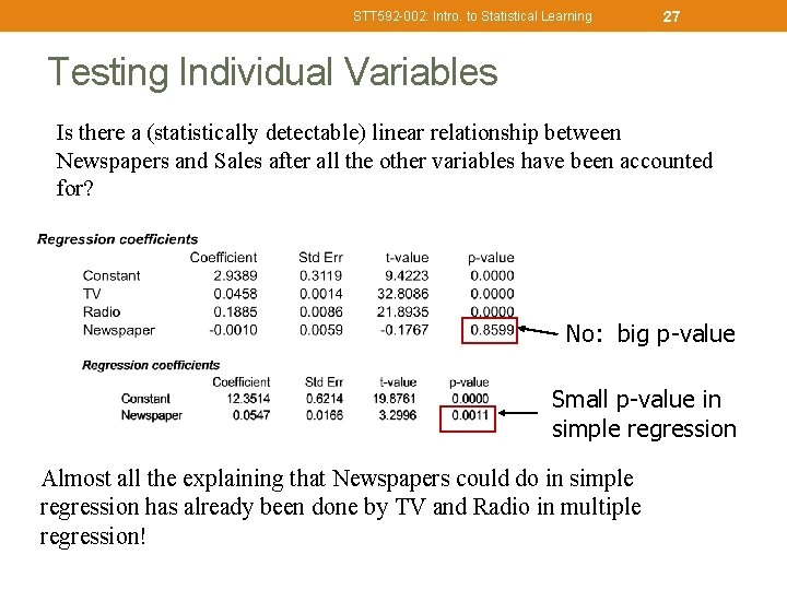 STT 592 -002: Intro. to Statistical Learning 27 Testing Individual Variables Is there a