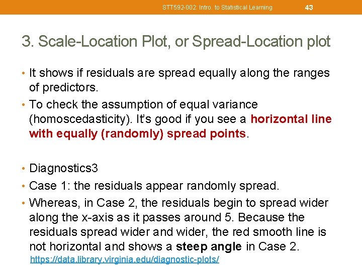 STT 592 -002: Intro. to Statistical Learning 43 3. Scale-Location Plot, or Spread-Location plot