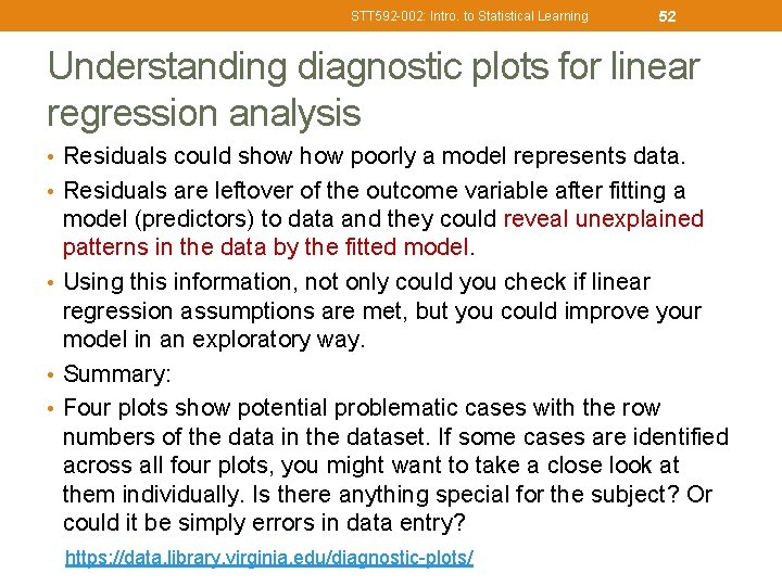STT 592 -002: Intro. to Statistical Learning 52 Understanding diagnostic plots for linear regression