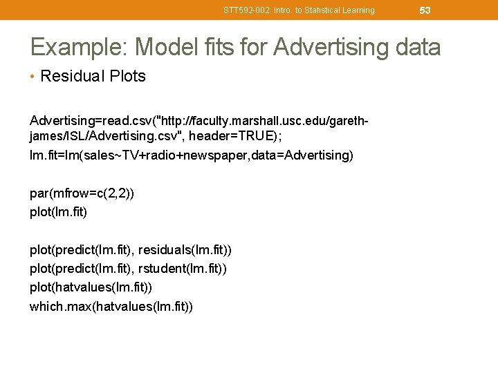 STT 592 -002: Intro. to Statistical Learning 53 Example: Model fits for Advertising data