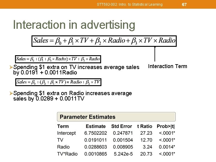 STT 592 -002: Intro. to Statistical Learning 67 Interaction in advertising Ø Spending $1