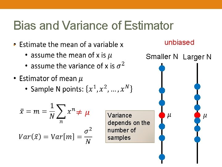 Bias and Variance of Estimator unbiased • Smaller N Larger N Variance depends on