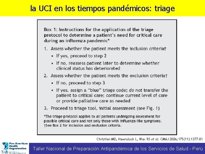 la UCI en los tiempos pandémicos: triage Christian MD, Hawryluck L, Wax RS et