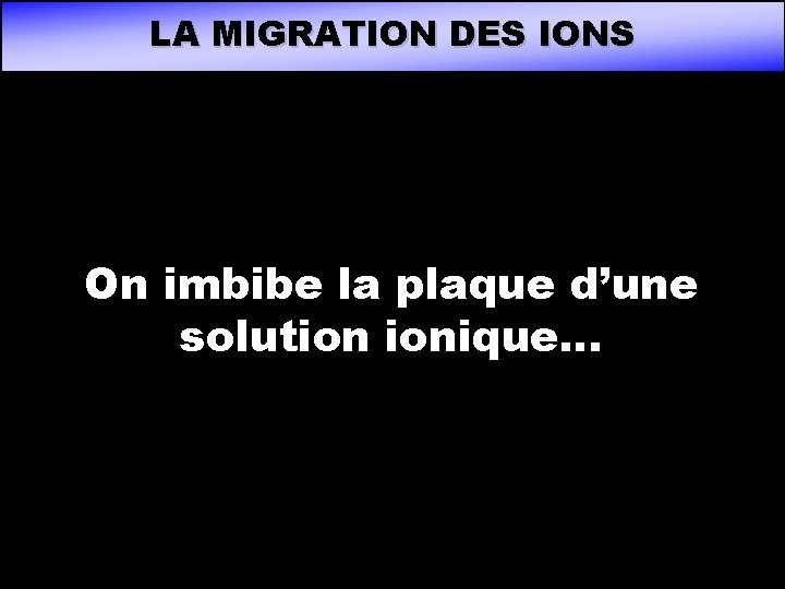 LA MIGRATION DES IONS On imbibe la plaque d’une solution ionique… LA MIGRATION DES IONS On imbibe la plaque d’une solution ionique…