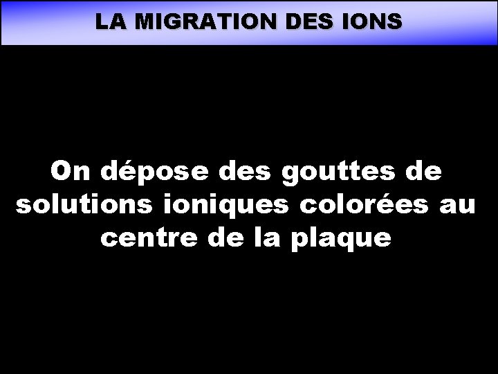 LA MIGRATION DES IONS On dépose des gouttes de solutions ioniques colorées au centre LA MIGRATION DES IONS On dépose des gouttes de solutions ioniques colorées au centre