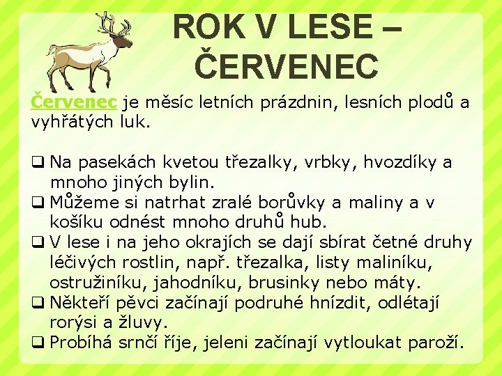 ROK V LESE – ČERVENEC Červenec je měsíc letních prázdnin, lesních plodů a vyhřátých