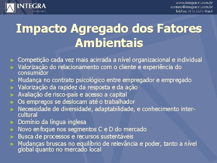 Impacto Agregado dos Fatores Ambientais ► ► ► Competição cada vez mais acirrada a