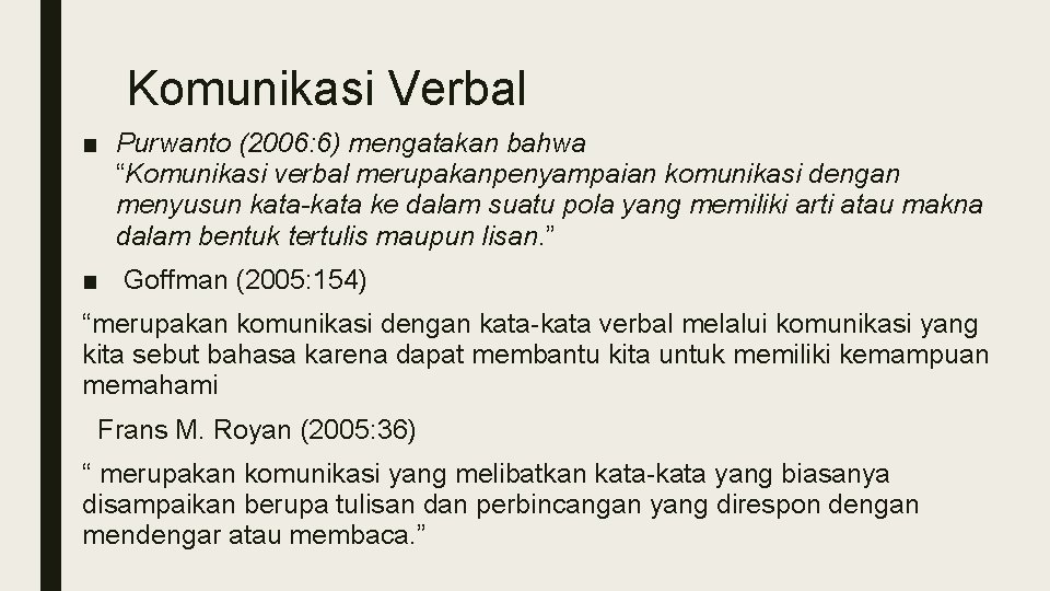 Komunikasi Verbal ■ Purwanto (2006: 6) mengatakan bahwa “Komunikasi verbal merupakanpenyampaian komunikasi dengan menyusun Komunikasi Verbal ■ Purwanto (2006: 6) mengatakan bahwa “Komunikasi verbal merupakanpenyampaian komunikasi dengan menyusun