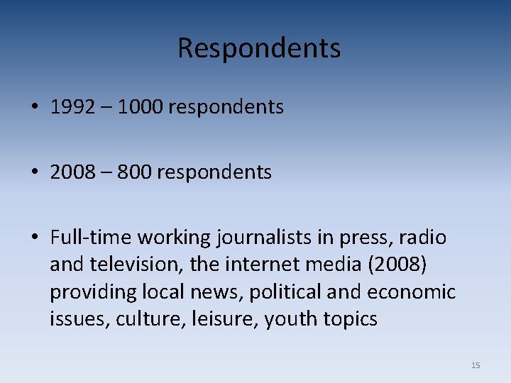 Respondents • 1992 – 1000 respondents • 2008 – 800 respondents • Full-time Respondents • 1992 – 1000 respondents • 2008 – 800 respondents • Full-time