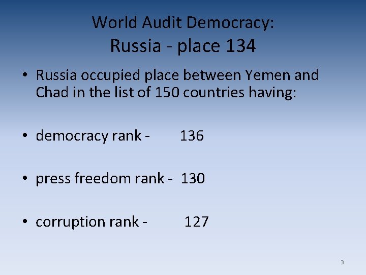 World Audit Democracy: Russia - place 134 • Russia occupied place between Yemen and World Audit Democracy: Russia - place 134 • Russia occupied place between Yemen and