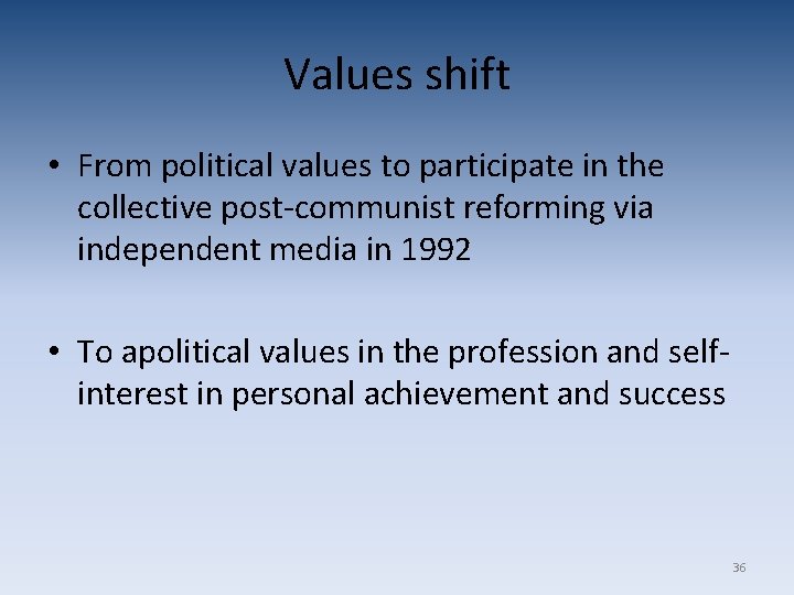 Values shift • From political values to participate in the collective post-communist reforming via Values shift • From political values to participate in the collective post-communist reforming via