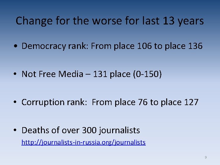 Change for the worse for last 13 years • Democracy rank: From place 106 Change for the worse for last 13 years • Democracy rank: From place 106