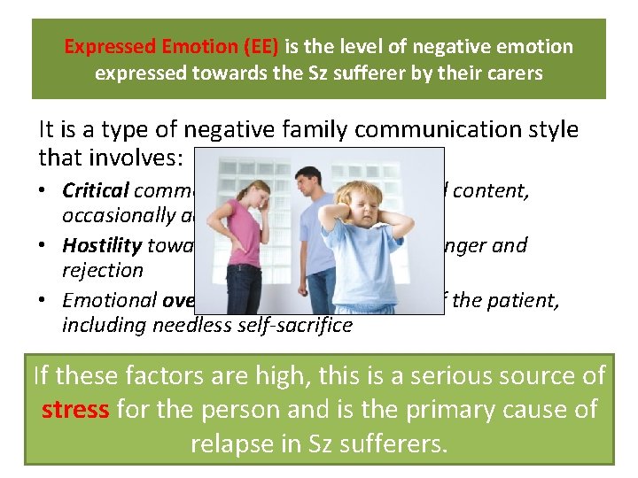 Expressed Emotion (EE) is the level of negative emotion expressed towards the Sz sufferer