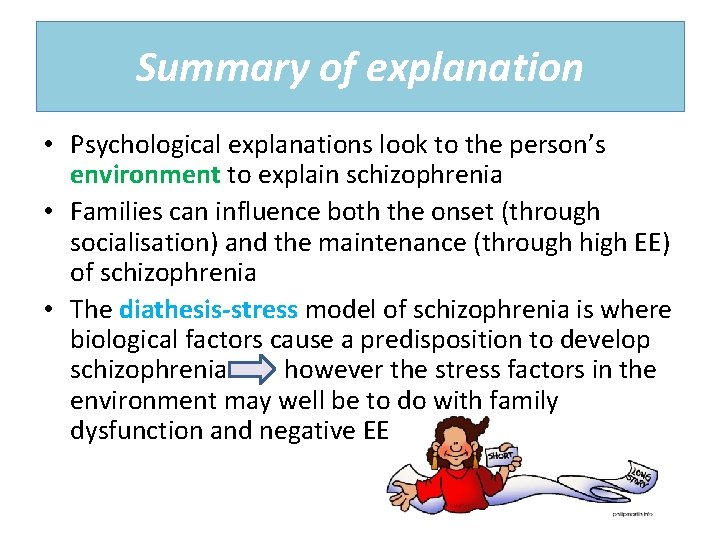 Summary of explanation • Psychological explanations look to the person’s environment to explain schizophrenia