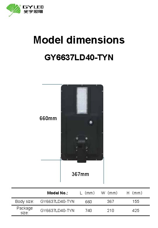 Model dimensions GY 6637 LD 40 -TYN 660 mm 367 mm Model No. :