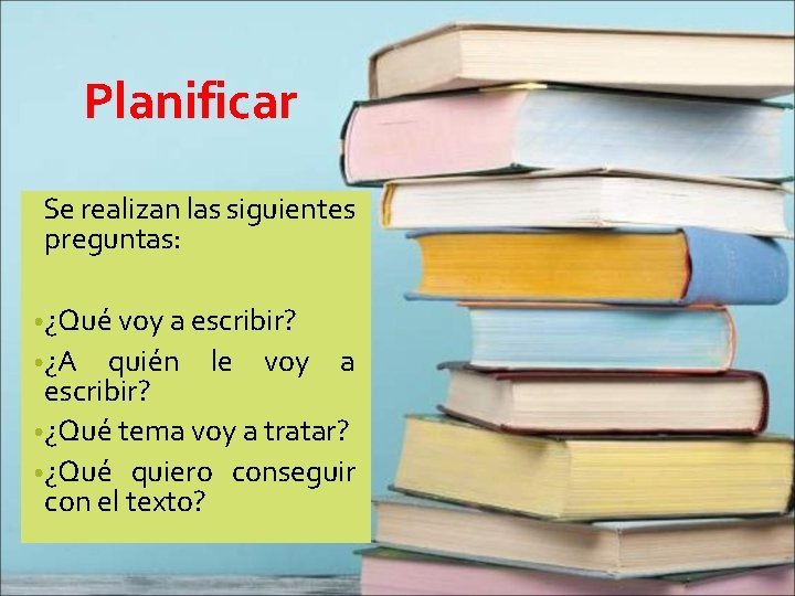 Planificar Se realizan las siguientes preguntas: • ¿Qué voy a escribir? • ¿A quién