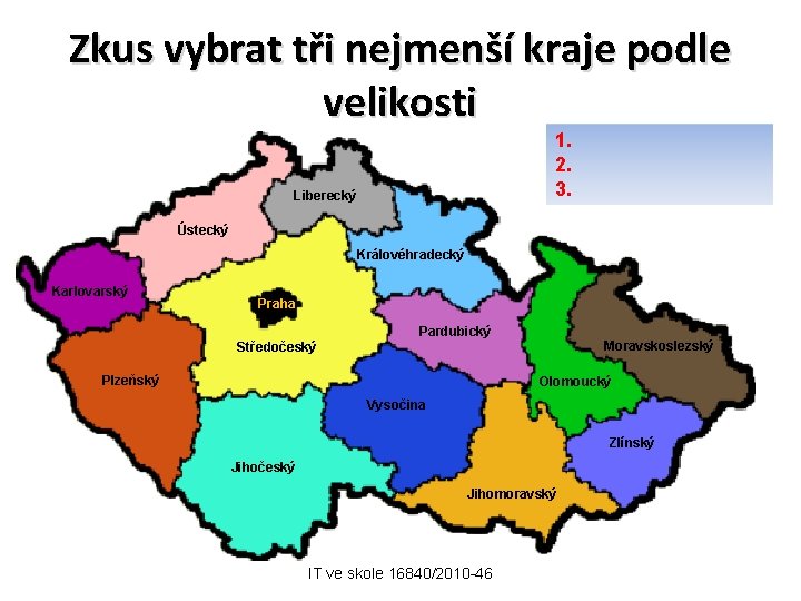 Zkus vybrat tři nejmenší kraje podle velikosti 1. 2. 3. Liberecký Ústecký Královéhradecký Karlovarský