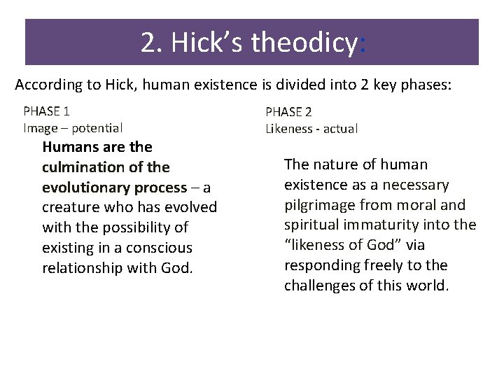 2. Hick’s theodicy: According to Hick, human existence is divided into 2 key phases: 2. Hick’s theodicy: According to Hick, human existence is divided into 2 key phases: