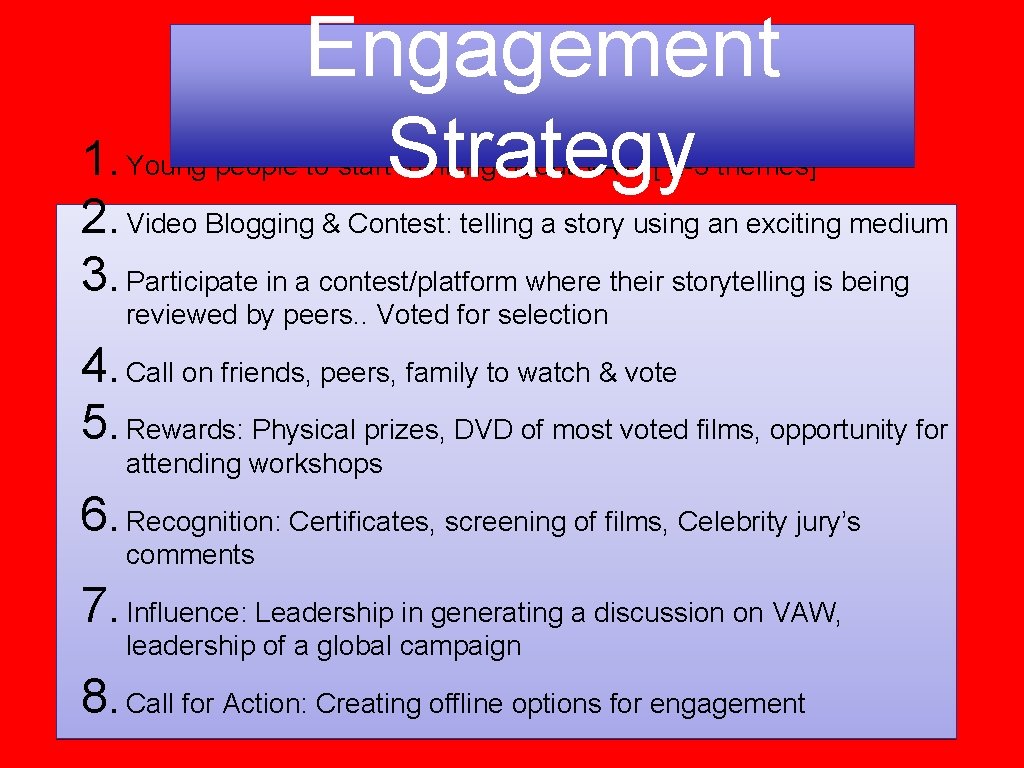 Engagement Strategy 1. Young people to start thinking about VAW [ 2 -3 themes]