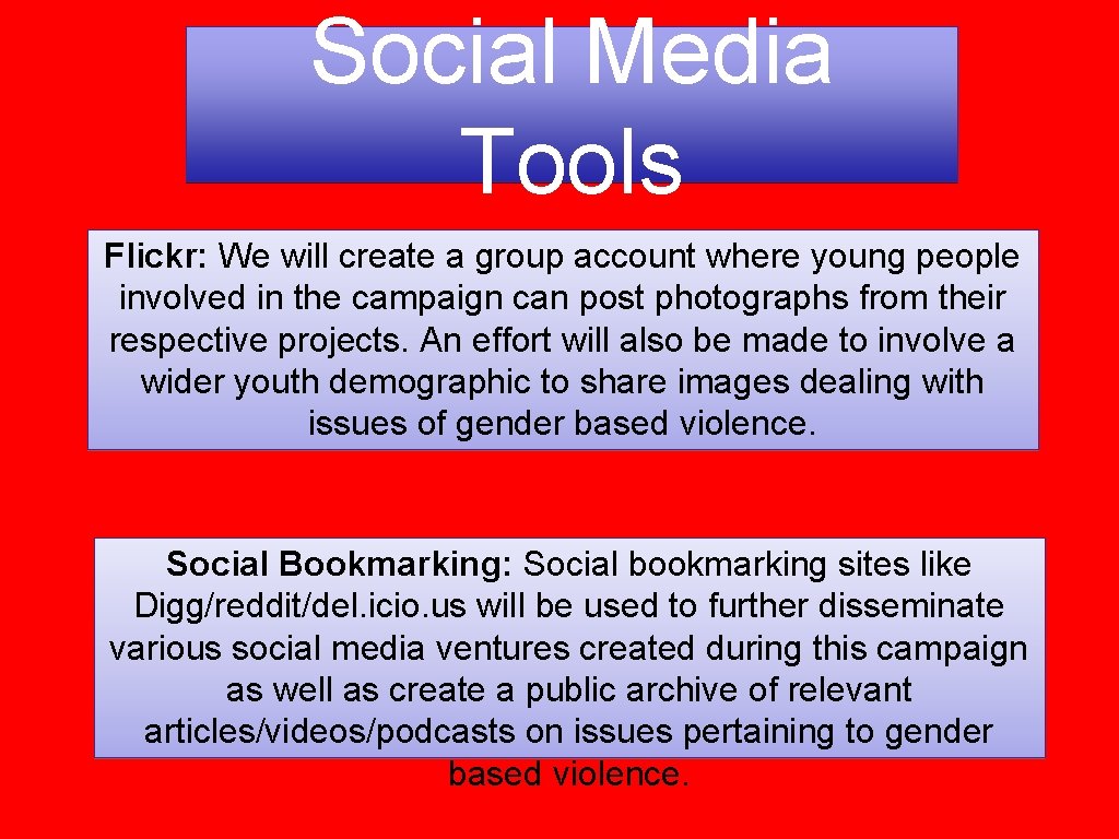 Social Media Tools Flickr: We will create a group account where young people involved Social Media Tools Flickr: We will create a group account where young people involved