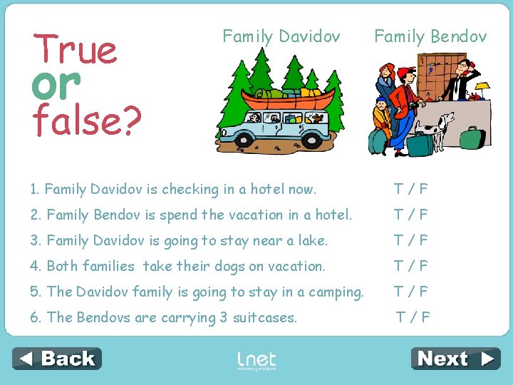 True or Family Davidov Family Bendov false? 1. Family Davidov is checking in a