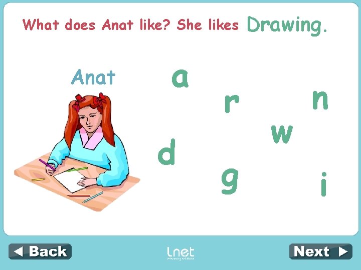 What does Anat like? She likes ____ Drawing. Anat a d r g w