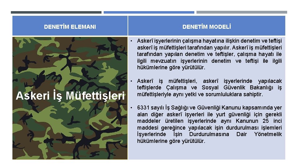 DENETİM ELEMANI DENETİM MODELİ • Askerî işyerlerinin çalışma hayatına ilişkin denetim ve teftişi askerî