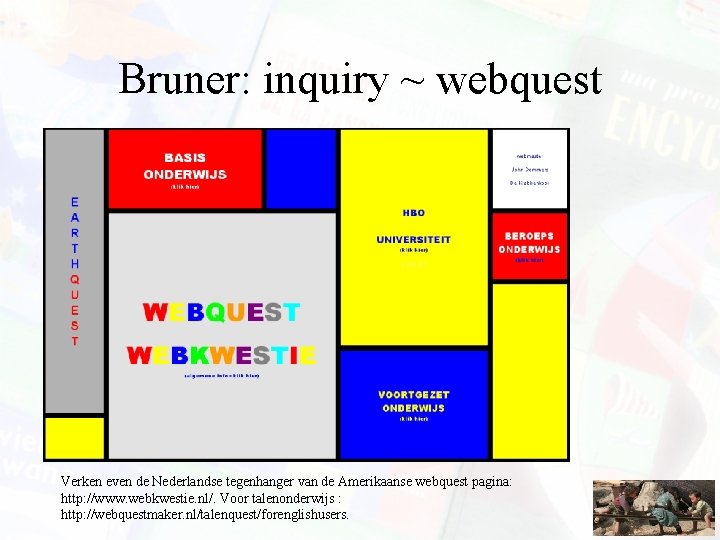 Bruner: inquiry ~ webquest Verken even de Nederlandse tegenhanger van de Amerikaanse webquest pagina: Bruner: inquiry ~ webquest Verken even de Nederlandse tegenhanger van de Amerikaanse webquest pagina: