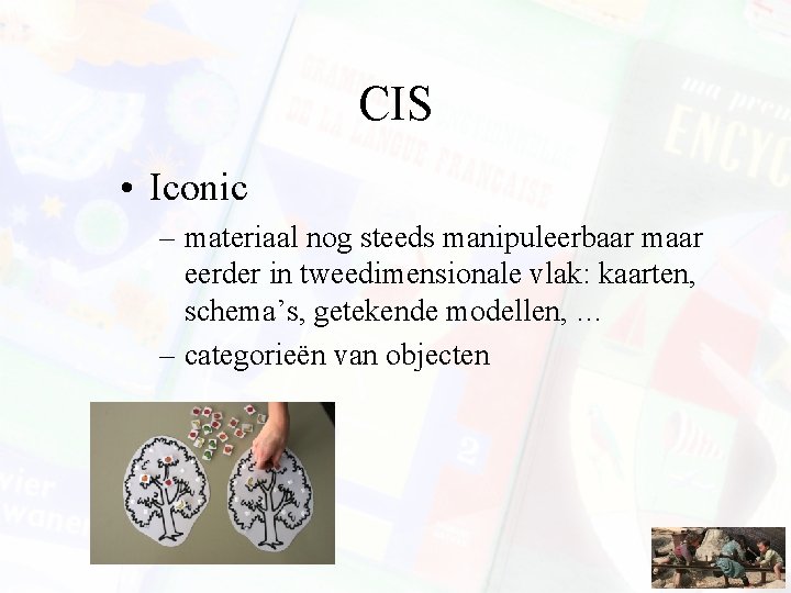 CIS • Iconic – materiaal nog steeds manipuleerbaar maar eerder in tweedimensionale vlak: kaarten, CIS • Iconic – materiaal nog steeds manipuleerbaar maar eerder in tweedimensionale vlak: kaarten,