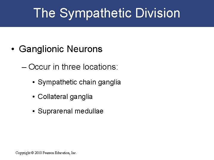 The Sympathetic Division • Ganglionic Neurons – Occur in three locations: • Sympathetic chain