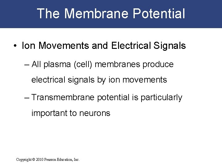 The Membrane Potential • Ion Movements and Electrical Signals – All plasma (cell) membranes