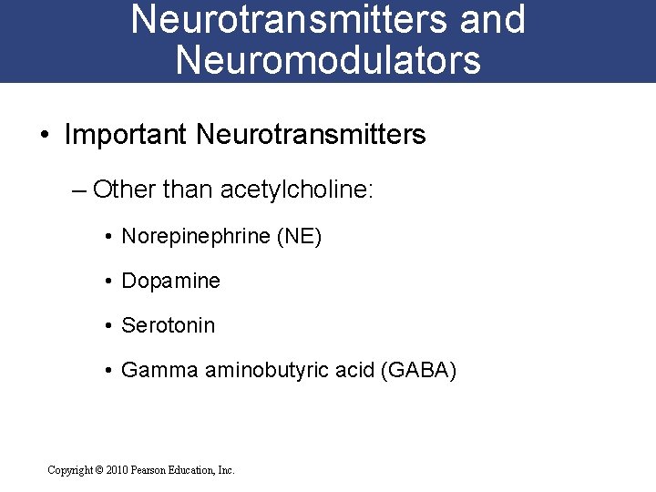 Neurotransmitters and Neuromodulators • Important Neurotransmitters – Other than acetylcholine: • Norepinephrine (NE) •
