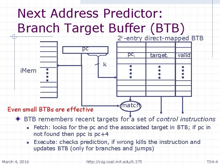 Next Address Predictor: Branch Target Buffer (BTB) 2 k-entry direct-mapped BTB pc pci targeti