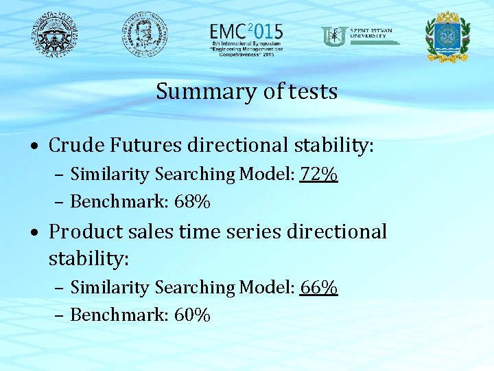 Summary of tests • Crude Futures directional stability: – Similarity Searching Model: 72% –
