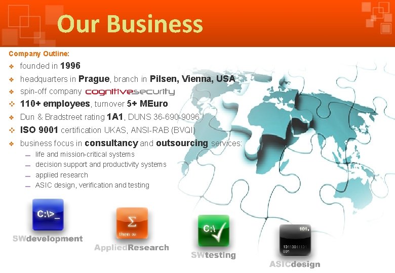 Our Business Company Outline: v founded in 1996 headquarters in Prague, branch in Pilsen,