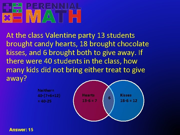 At the class Valentine party 13 students brought candy hearts, 18 brought chocolate kisses,
