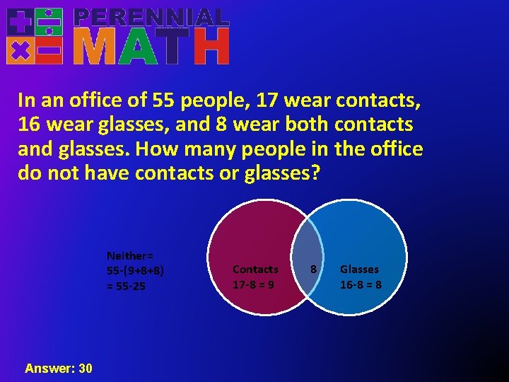 In an office of 55 people, 17 wear contacts, 16 wear glasses, and 8