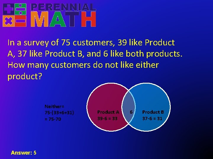 In a survey of 75 customers, 39 like Product A, 37 like Product B,
