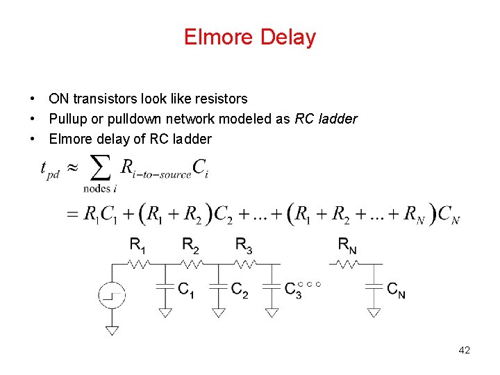 Elmore Delay • ON transistors look like resistors • Pullup or pulldown network modeled