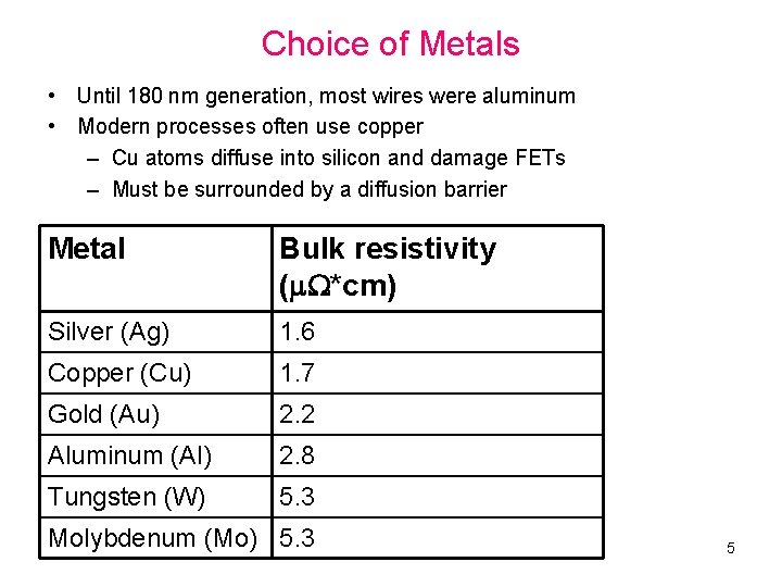 Choice of Metals • Until 180 nm generation, most wires were aluminum • Modern