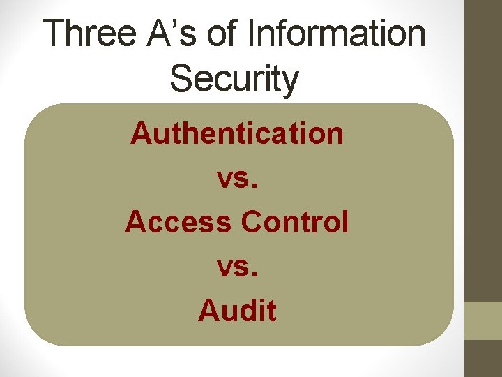 Three A’s of Information Security Authentication vs. Access Control vs. Audit 