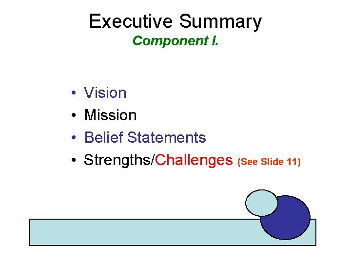 Executive Summary Component I. • • Vision Mission Belief Statements Strengths/Challenges (See Slide 11)