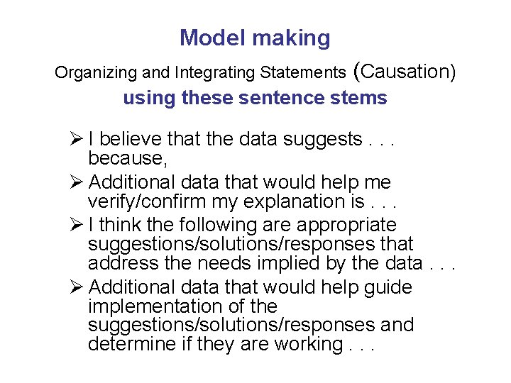Model making Organizing and Integrating Statements (Causation) using these sentence stems Ø I believe