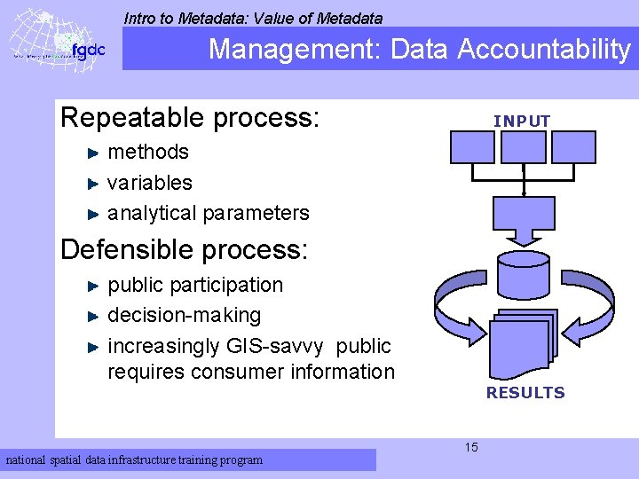 Intro to Metadata: Value of Metadata Management: Data Accountability Repeatable process: INPUT methods variables