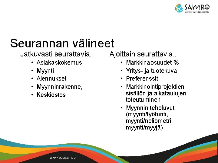  • 68 Seurannan välineet Jatkuvasti seurattavia. . • • • Asiakaskokemus Myynti Alennukset