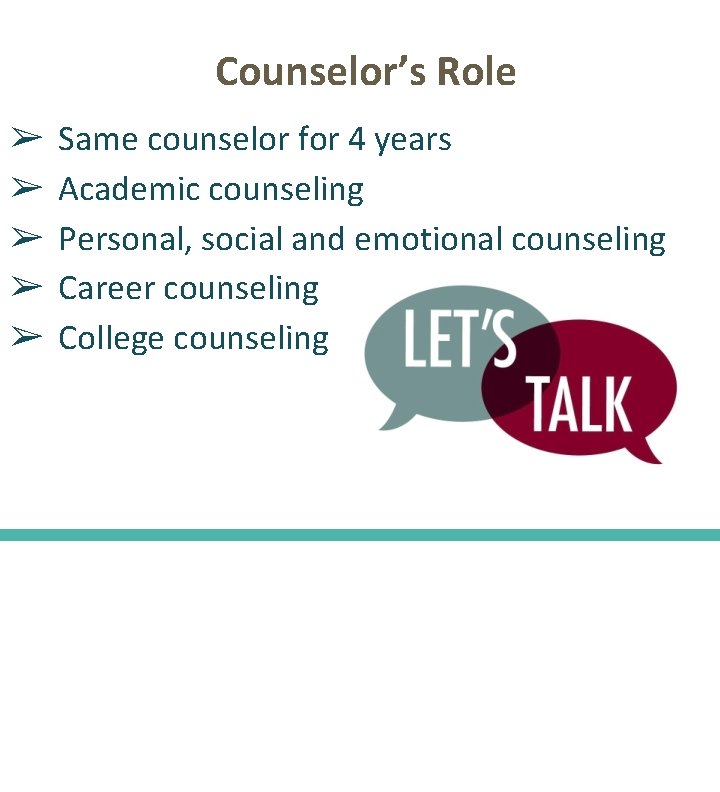 Counselor’s Role ➢ ➢ ➢ Same counselor for 4 years Academic counseling Personal, social