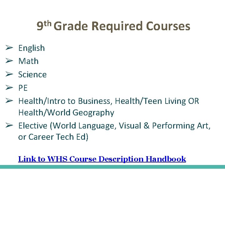 th 9 Grade Required Courses English Math Science PE Health/Intro to Business, Health/Teen Living