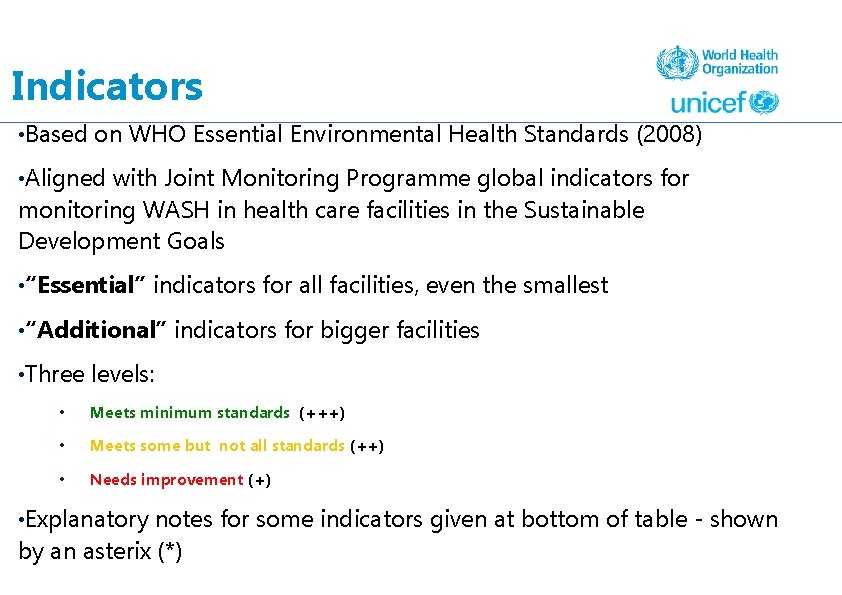 Indicators • Based on WHO Essential Environmental Health Standards (2008) • Aligned with Joint